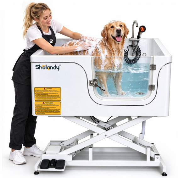 SHELANDY Electric Lift Dog Grooming Spa Tub Pet Wash Station with Water Circulation & Bubble System