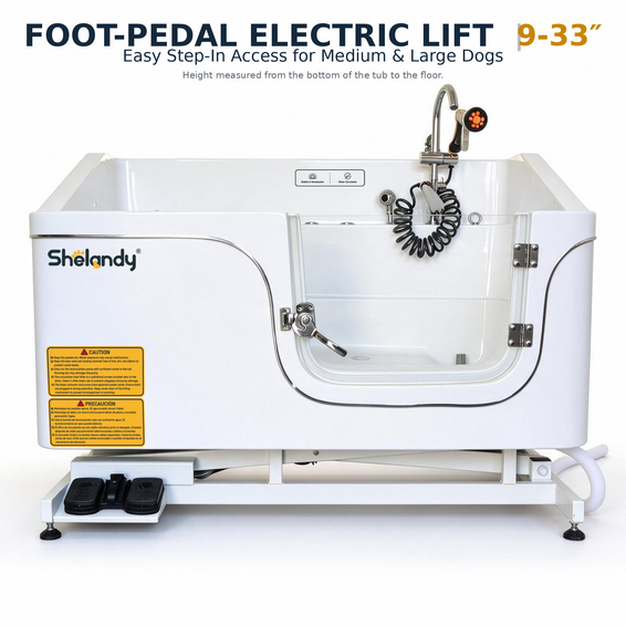 SHELANDY Electric Lift Dog Grooming Spa Tub Pet Wash Station with Water Circulation & Bubble System