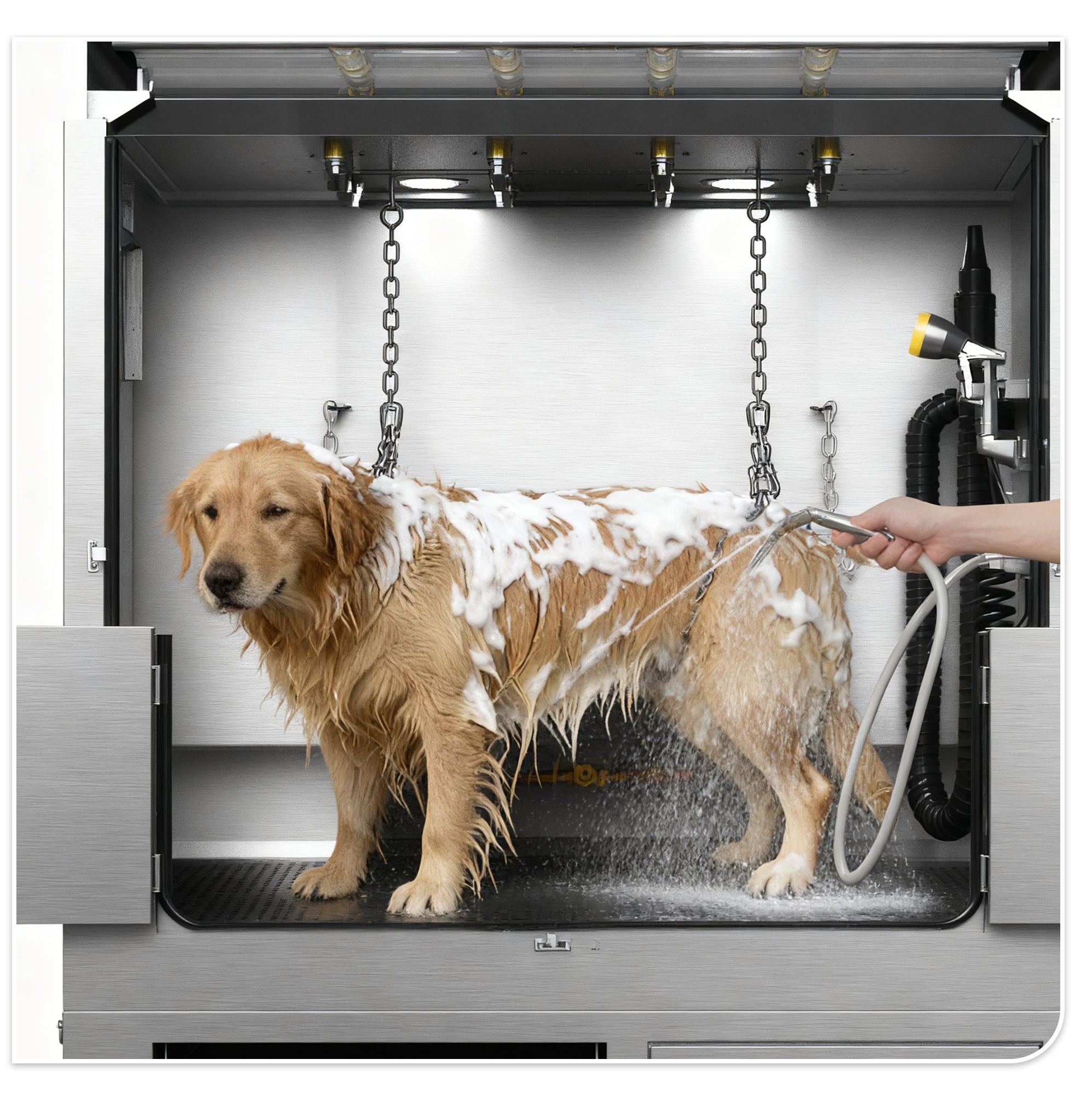 Built-in shampoo sprayer with ergonomic positioning